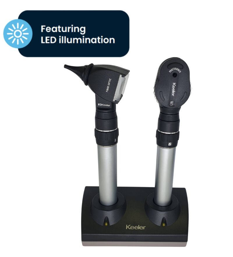 Conjunto de oftalmoscopio LED para profesionales y otoscopio LED de fibra óptica (3,6 V)